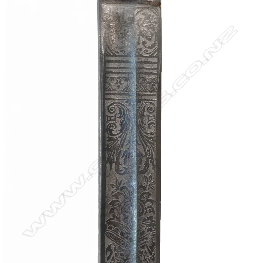 Pattern 1888 Prussian Officers Sword c.1912. 32" slightly curved flat-back blade with single fullers, profusely etched both sides with military trophy groups. Image 1++