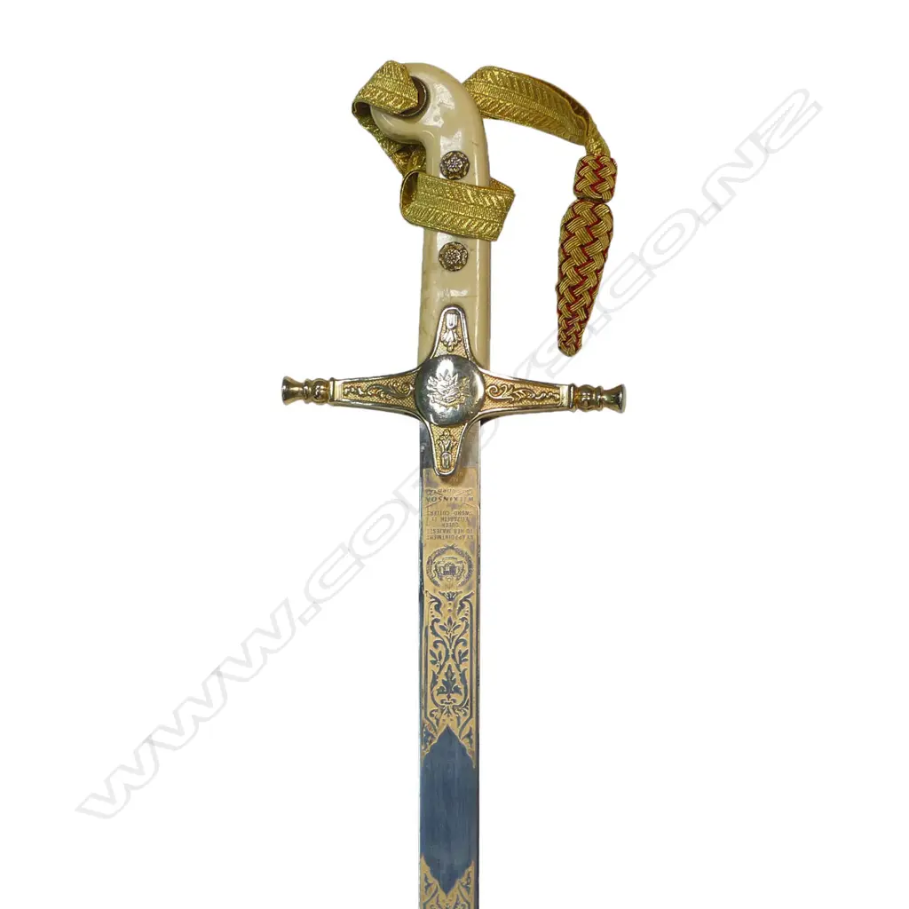 1831 Pattern Mameluke Sword replica with Wilkinson Sword etching. 31" unsharpened blade etched with the coat of arms of Malaysia on both sides Image 1++