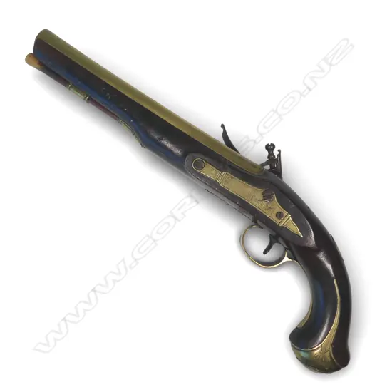 A Good Brass Barrel Flintlock Pistol by Theophilus Richards circa 1799-1825,