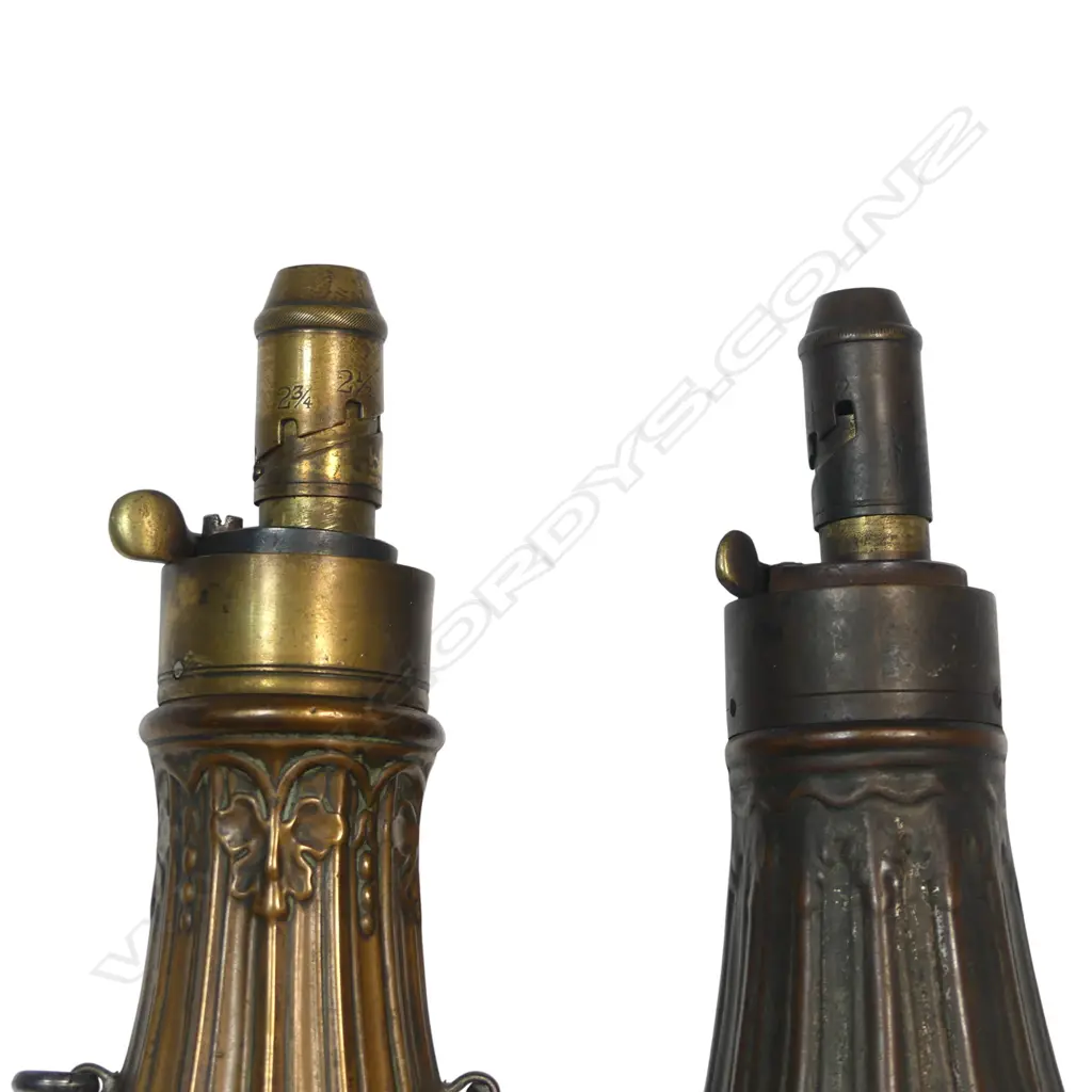 Two copper and brass bag-shaped shot flasks, Image 1++