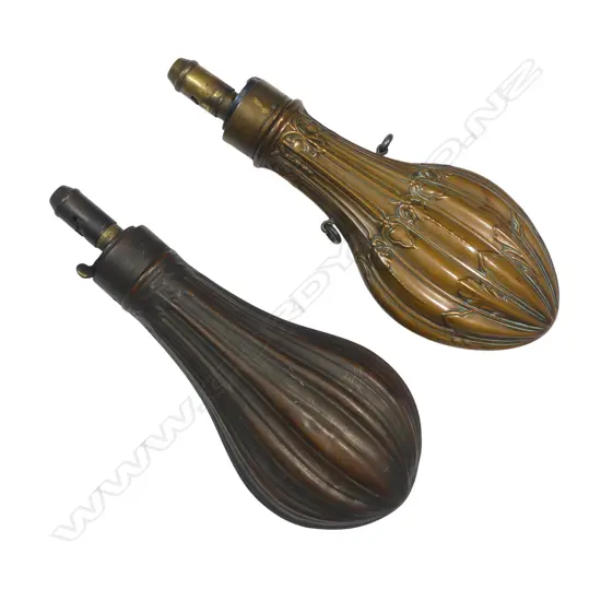 Two copper and brass bag-shaped shot flasks,