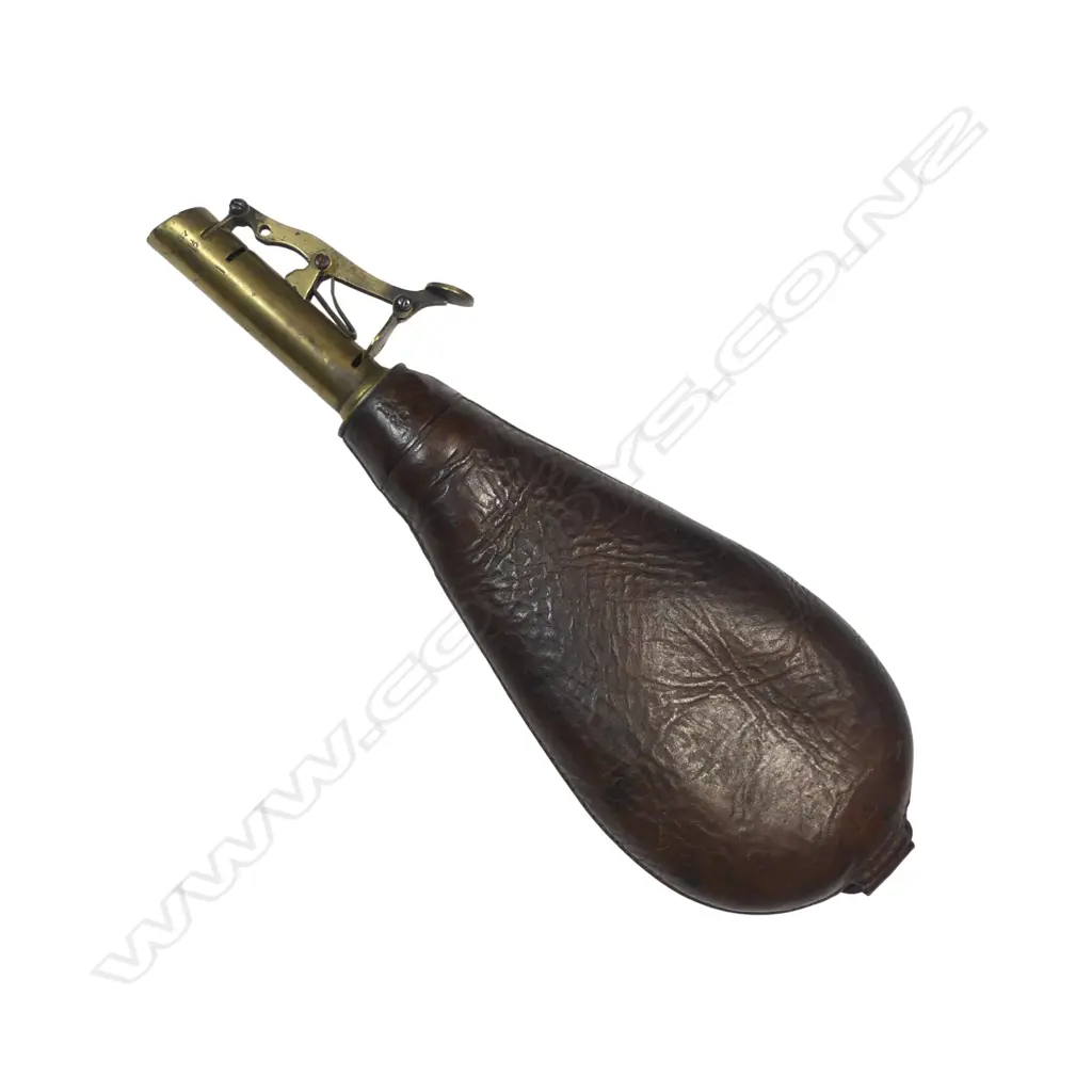 Leather bag shape 2½lb shot flask with English charger head to dispense 1 and 1½oz. L.230mm Image 1++
