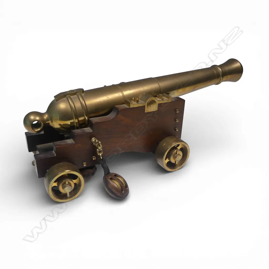 Scale model brass barrelled naval cannon cal 61/20 bore mounted on well-made wooden carriage with brass wheels Image 1++