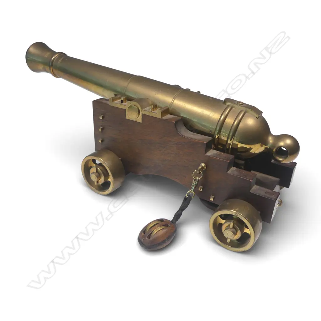 Scale model brass barrelled naval cannon cal 61/20 bore mounted on well-made wooden carriage with brass wheels Image 1++