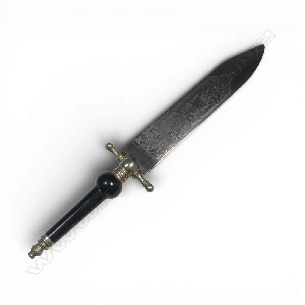 Broad knife bladed Spanish Plug Bayonet, with profusely etched blade including 'Fabrica De Toledo 1871' along with coat-of-arms, Image 1++