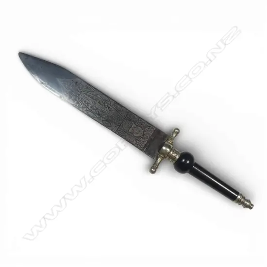 Broad knife bladed Spanish Plug Bayonet, with profusely etched blade including 'Fabrica De Toledo 1871' along with coat-of-arms,