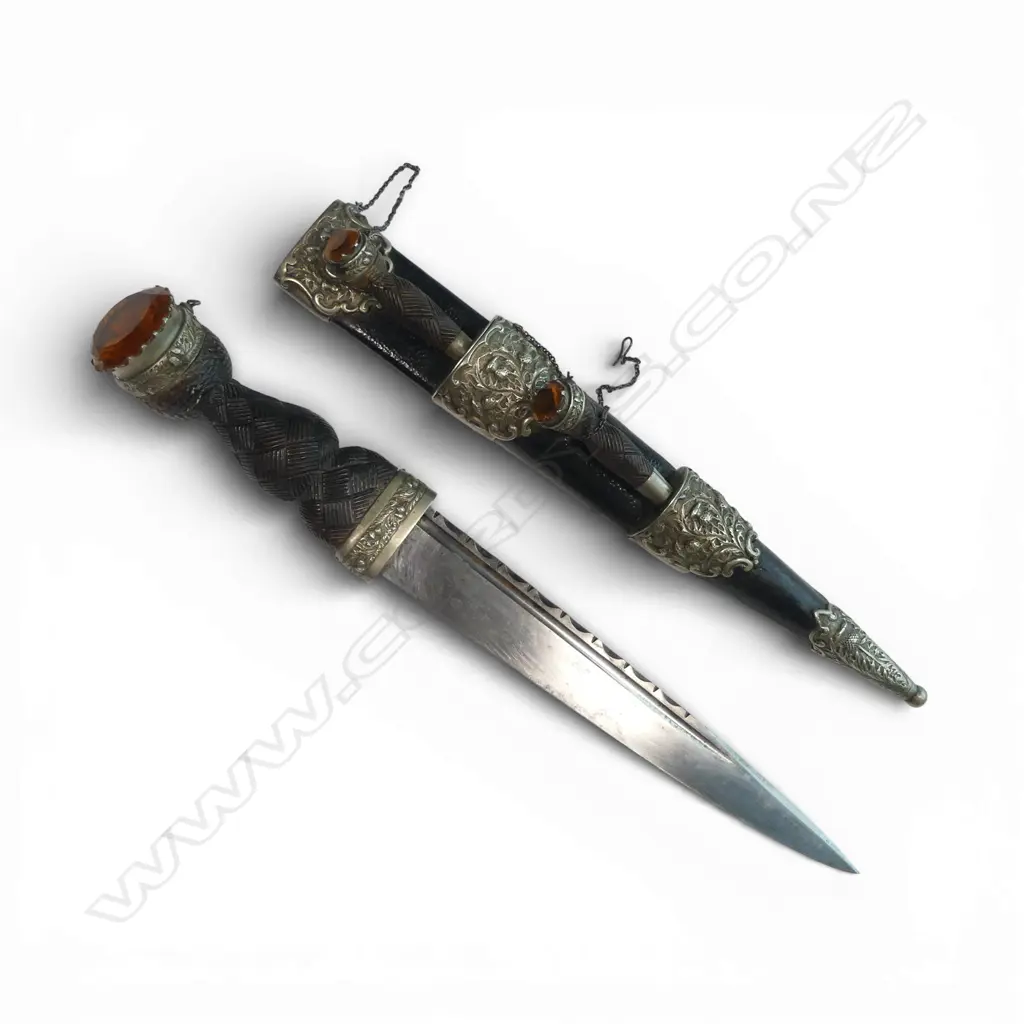 Antique Scottish Dirk with companion knife and fork in black leather scabbard with white metal fittings, Image 1++