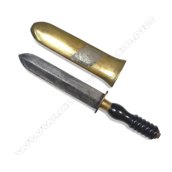 Siebe Gorman Diver’s Knife, c.1960s with brass flat scabbard and Ebonite grip