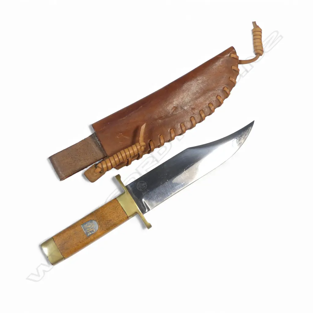 Connecticut Valley Arms (CVA US) clip-point Bowie knife with leather thong stitched scabbard (owners initials stamped), Image 1++