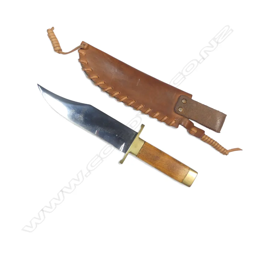 Connecticut Valley Arms (CVA US) clip-point Bowie knife with leather thong stitched scabbard (owners initials stamped), Image 1++