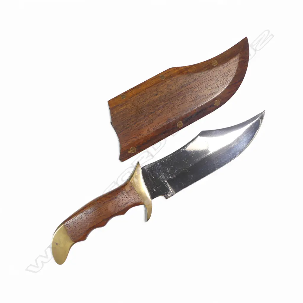 1980s Connecticut Valley Arms clip-point hunter knife in mahogany boot scabbard, Image 1++