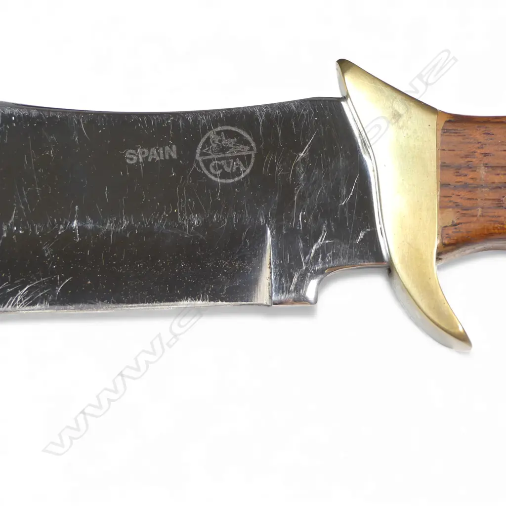 1980s Connecticut Valley Arms clip-point hunter knife in mahogany boot scabbard, Image 1++