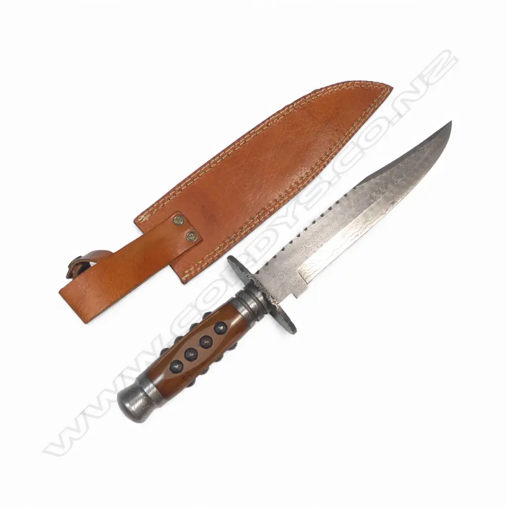 Very Large Bowie Knife with 10" Damascus clip-point blade and Damascus fittings to the swollen cylindrical wooden handle, Image 1++