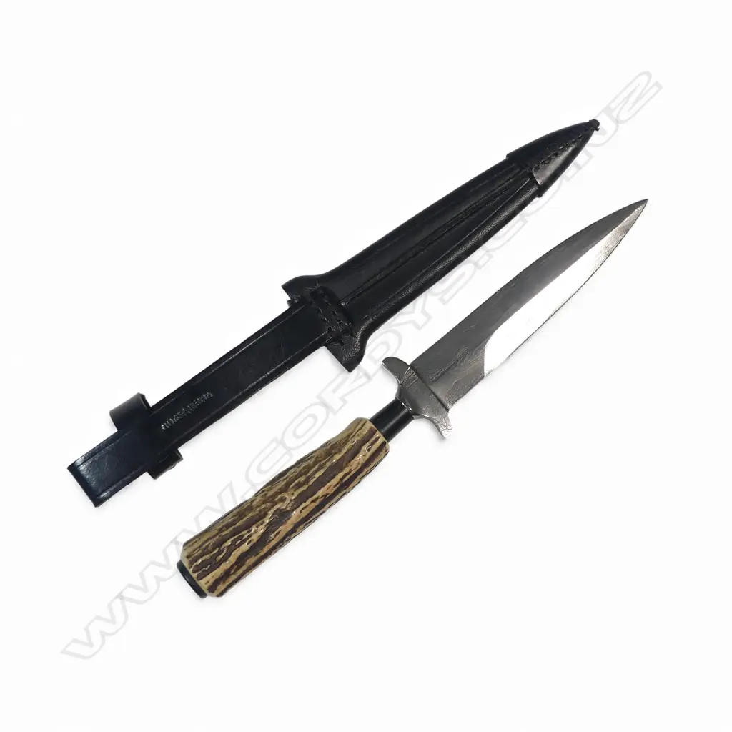 Pete Kershaw (USA) Dagger with Solingen Germany 5" double edged Damascus blade (probably by Manfred Sachse at Wingen) c.1985, Image 1++