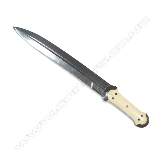 Large double-edged fine-Damascus steel knife of kindjal influenced design with ivory scales,