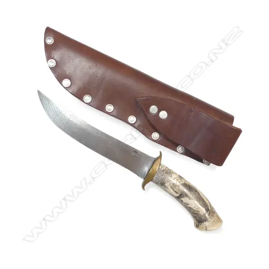 Damascus recurve-bladed hunting knife by Brian McDonald Taupō with scrimshaw antler handle by Chris Short,