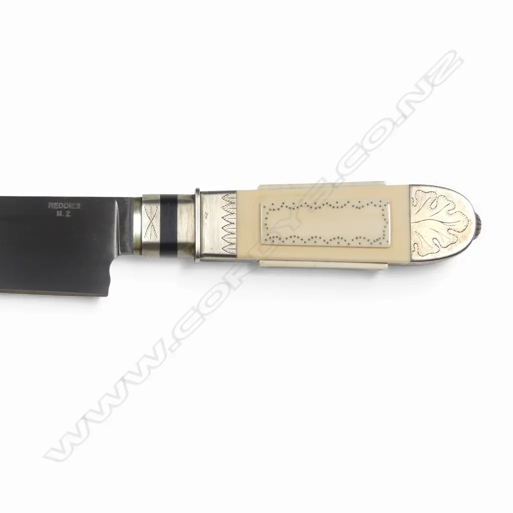 Bill Reddiex (NZ) Bowie knife of early style 8½" straight-back clip-point unfullered stainless blade with pinprick inlaid hippo tusk handle, Image 1++