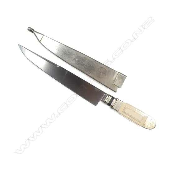 Bill Reddiex (NZ) Bowie knife of early style 8½" straight-back clip-point unfullered stainless blade with pinprick inlaid hippo tusk handle,