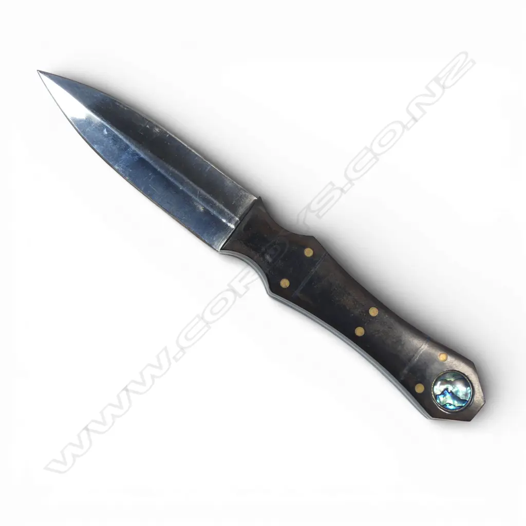 Double Edged Boot Knife with dark brown micarta scales with brass rivets and abalone (paua) rondels, Image 1++
