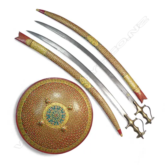 Two Tulwar Swords and matching Dahl Shield from the Punjab Region - India,