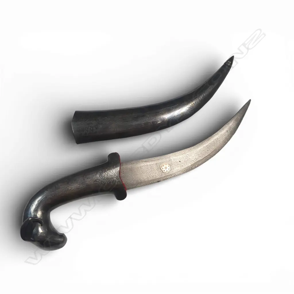 Indo-Persian Jambaiya Dagger, metal scabbard and Mughal style ram's head hilt with silver koftgari, Image 1++