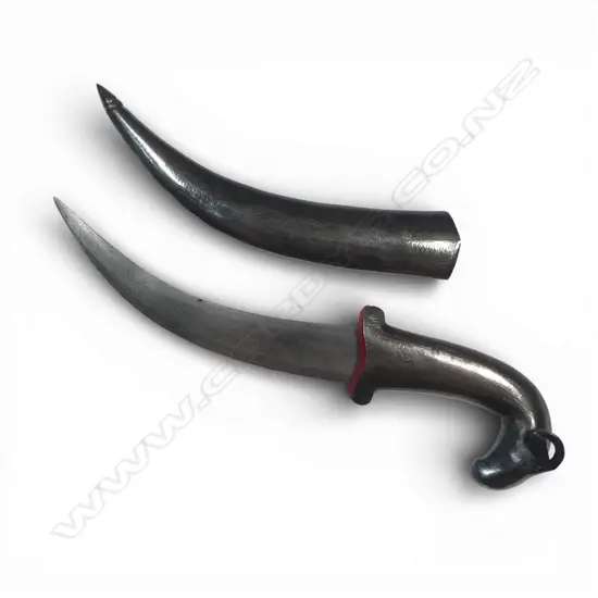 Indo-Persian Jambaiya Dagger, metal scabbard and Mughal style ram's head hilt with silver koftgari,