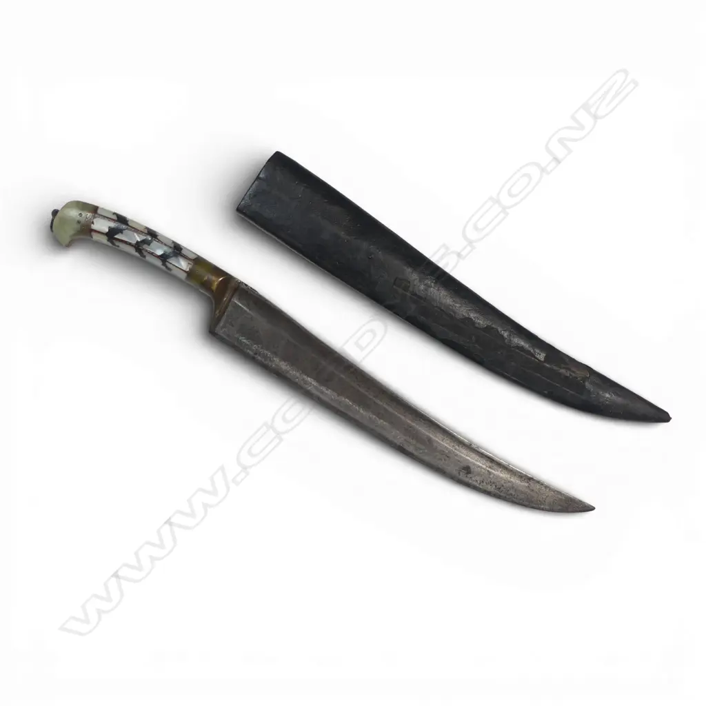 Small Indian Pesh Kabz knife. Brass hilt with jade grips inlaid with mother of pearl and horn. Image 1++