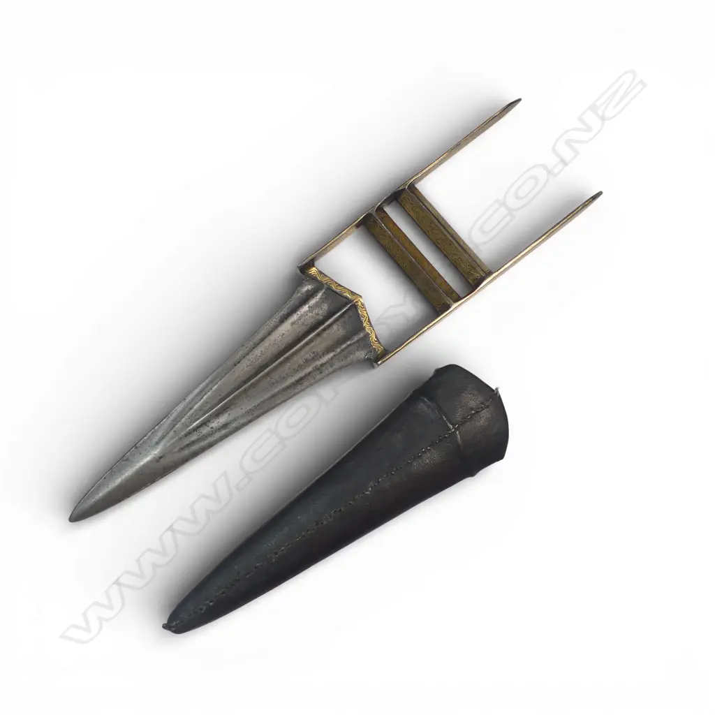 An Indian katar (punch dagger) with H-form handle with twin cross-bars decorated with gold koftgari of leaves and vines, Image 1++
