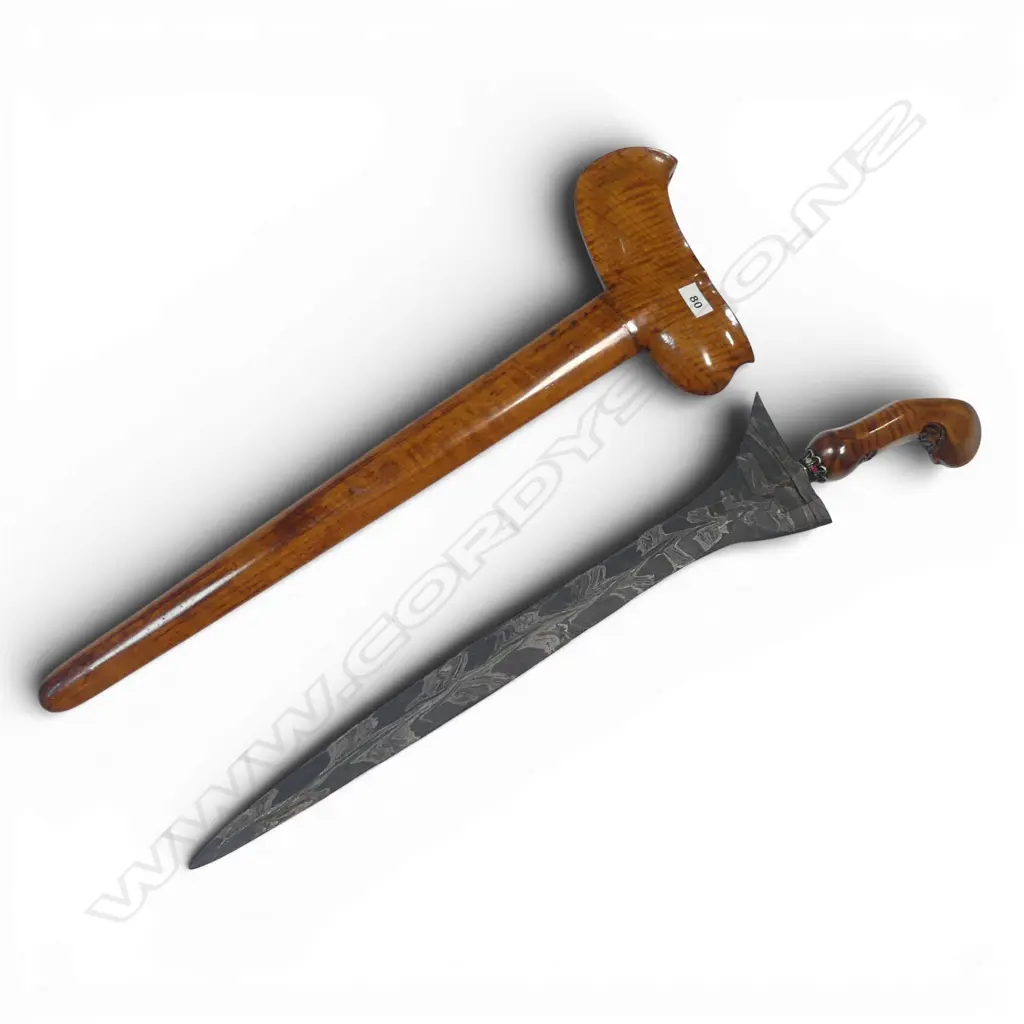 Indonesian Kris with Scabbard. Straight double edged amor iron blade with strong patterning. L.380mm. Image 1++