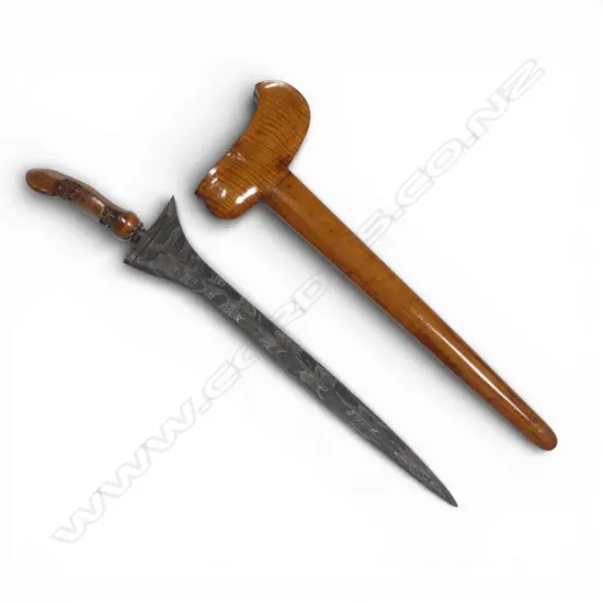 Indonesian Kris with Scabbard. Straight double edged amor iron blade with strong patterning. L.380mm.
