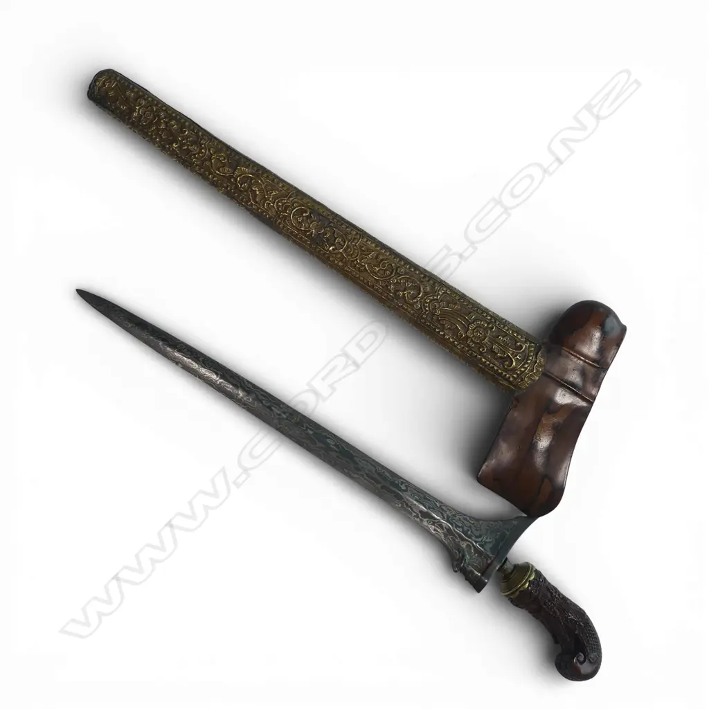 Kris with embossed brass bound scabbard with polished wood sarong, Image 1++