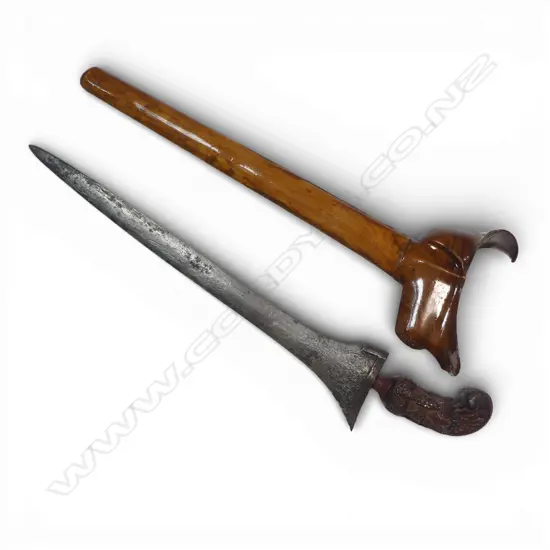 Indonesian Kris with Scabbard. Straight double edged iron blade with much cleaning.