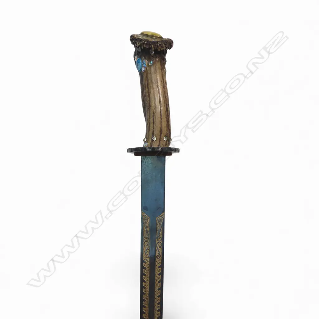 Antler handled spear point sword  28¾" unfullered blade with heavily etched pattern highlighted with gilding, Image 1++