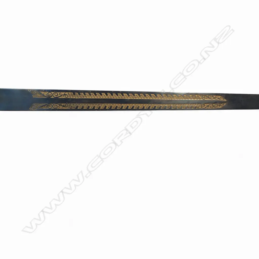 Antler handled spear point sword  28¾" unfullered blade with heavily etched pattern highlighted with gilding, Image 1++