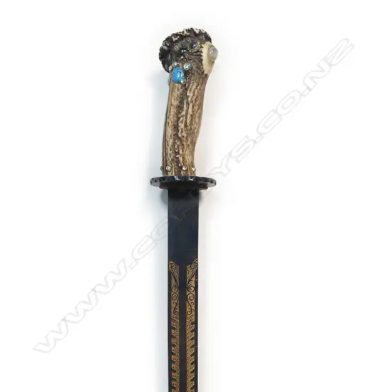 Antler handled spear point sword  28¾" unfullered blade with heavily etched pattern highlighted with gilding,