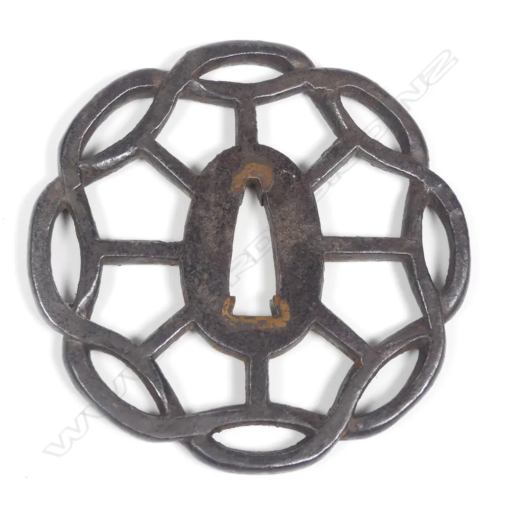 Japanese iron tsuba sword guard, in the shape of two interwoven “squares”, Image 1++