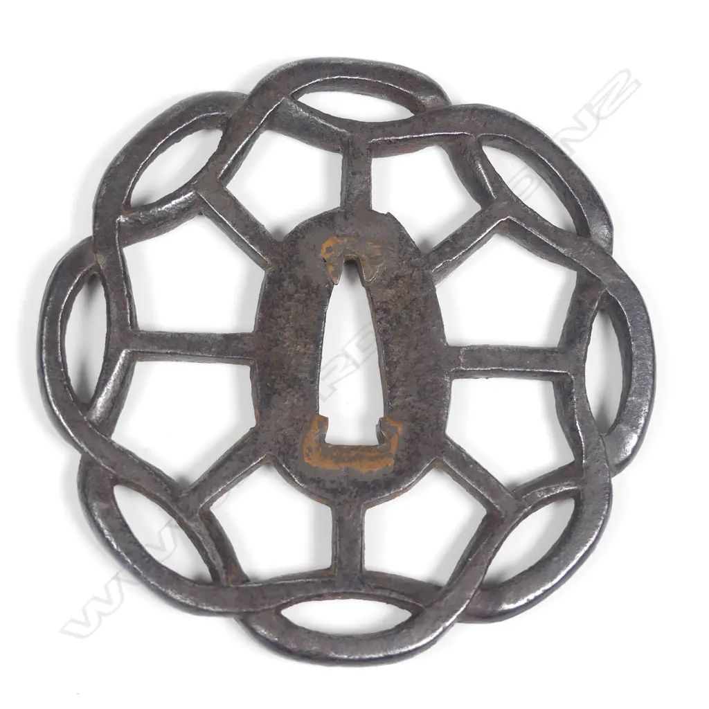 Japanese iron tsuba sword guard, in the shape of two interwoven “squares”, Image 1++