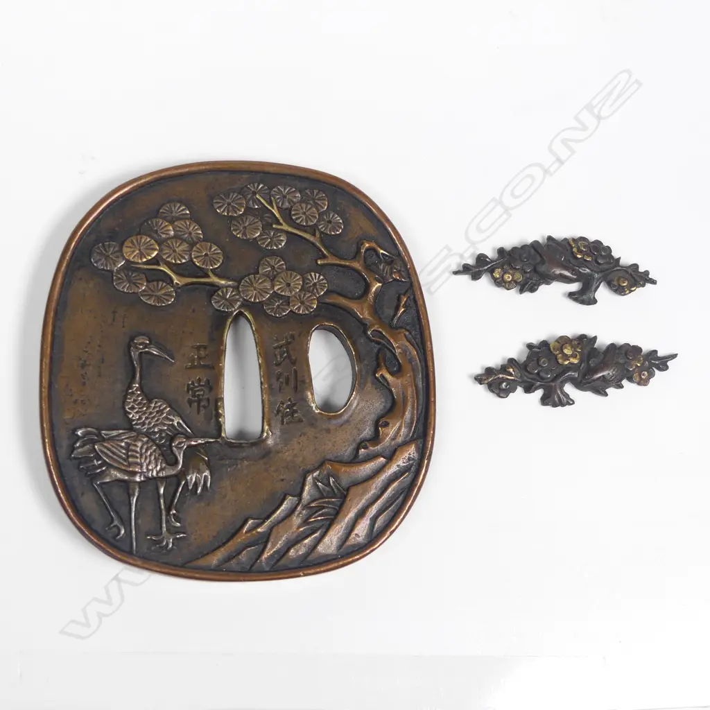 Copper Japanese Tsuba sword guard, rounded square shape, Image 1++