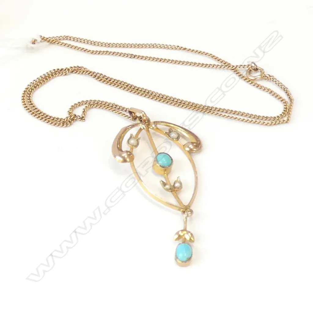 9CT GOLD CHAIN & TURQUOISE / GOLD & SEED PEARL PENDANT Image 1++
