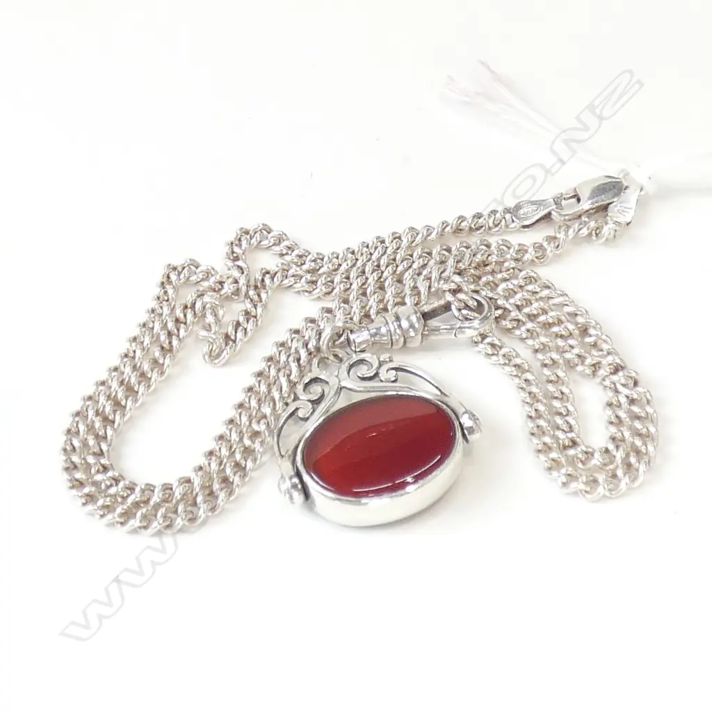 STG SILVER NECKLACE & FOB SPINNING PENDANT - ONYX & CARNELIAN Image 1++