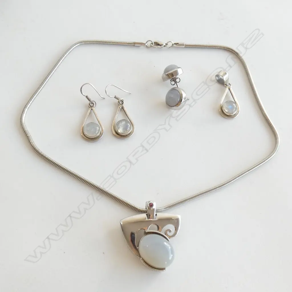 MOONSTONE & 925 SILVER NECKLACE, ENHANCER, 2 PRS EARRINGS Image 1++