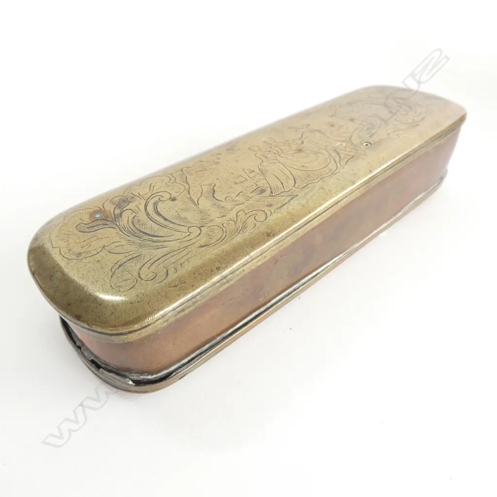 18TH C.  BRASS & COPPER ENGRAVED LIDDED TOBACCO TIN  L 157MM... Image 1++