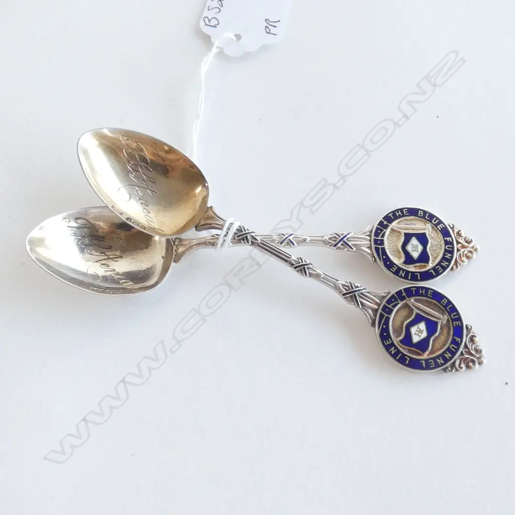 PR STG SILVER & ENAMEL BLUE FUNNEL LINES TEA SPOONS C1924/25  Image 1++
