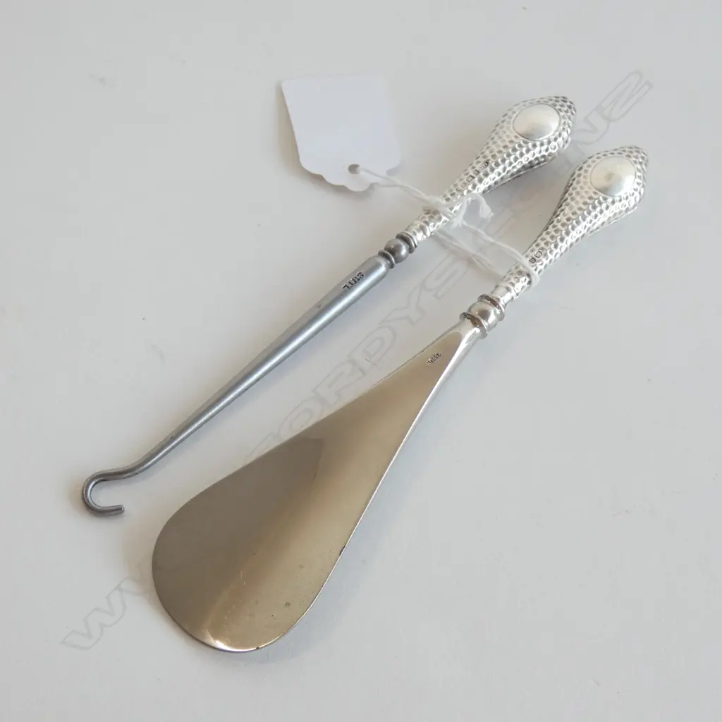 HAMMERED STG SILVER & STAINLESS STEEL SHOE HORN & HOOK BIRMINGHAM 1904 Image 1++