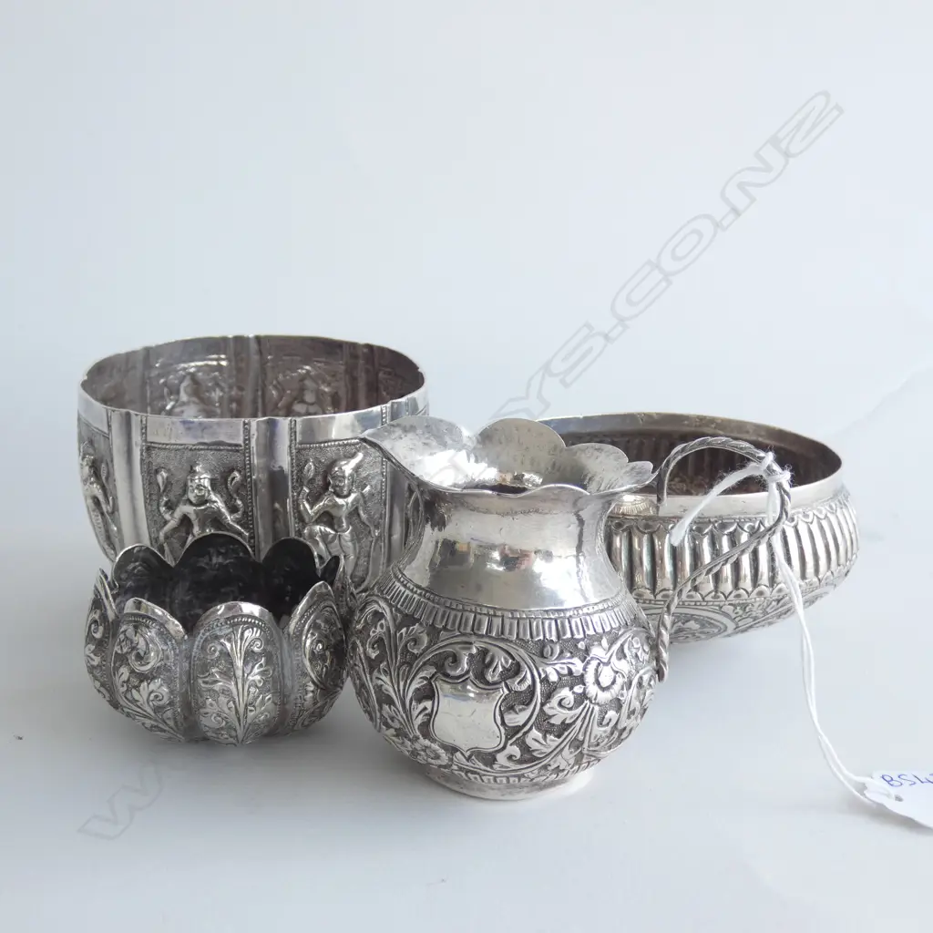 4 PCES ORIENTAL SILVER; 3 BOWLS 100mm dia & SMALL JUG Image 1++