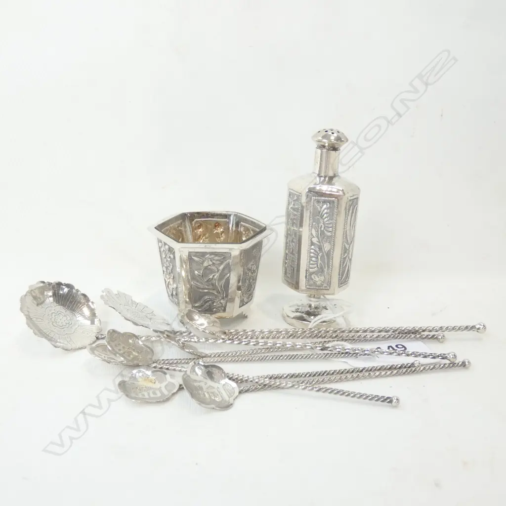8 CHINESE SILVER? SPOONS + SALT & PEPPER  Image 1++