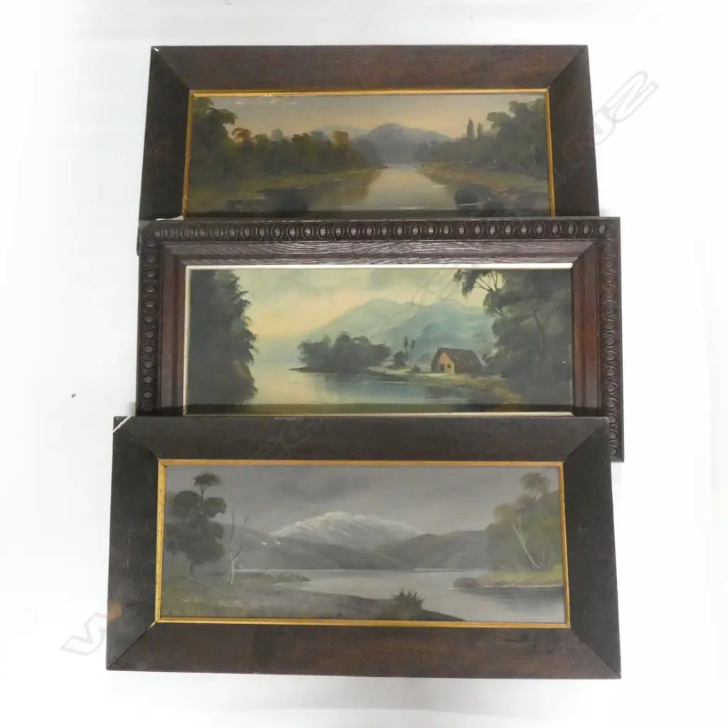 3 COLONIAL LANDSCAPE OILS; 2 PAUL WREN 'MORNING LAKE MANAPOURI' + 'LAKE TAUPO' + DE RITZ 'WHARE AT TAUPO' 610x230mm Image 1++