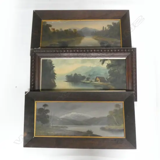 3 COLONIAL LANDSCAPE OILS; 2 PAUL WREN 'MORNING LAKE MANAPOURI' + 'LAKE TAUPO' + DE RITZ 'WHARE AT TAUPO' 610x230mm