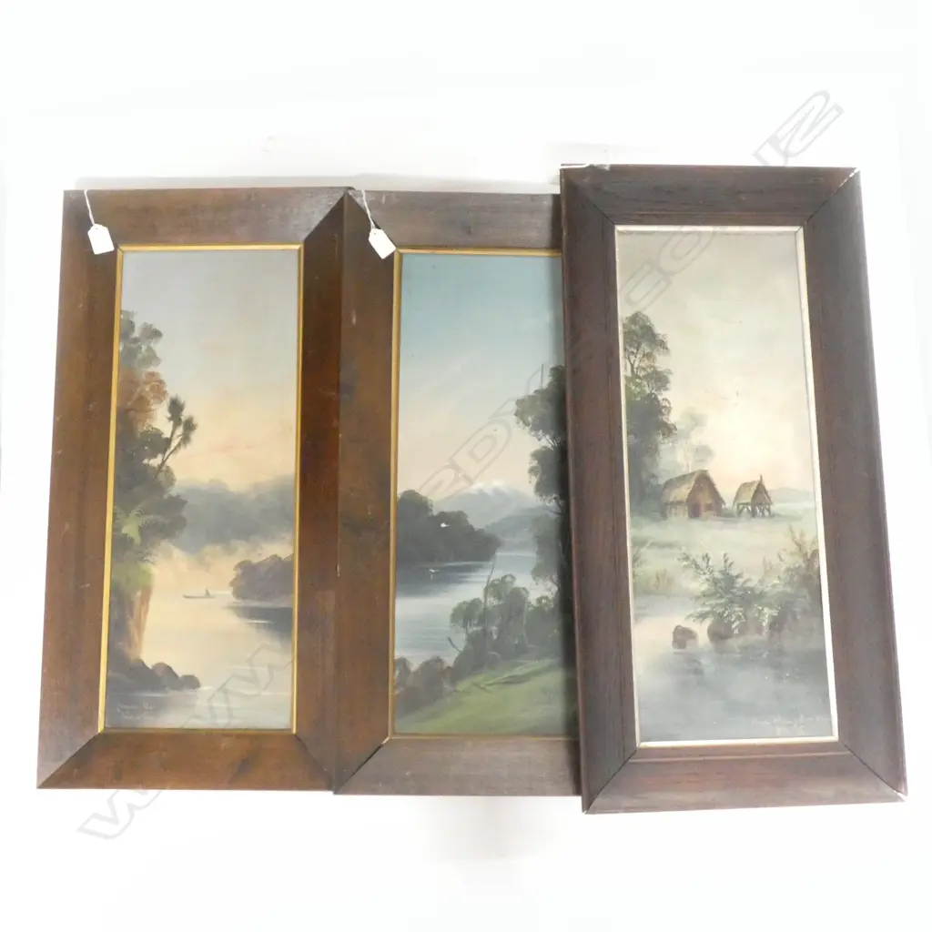3 COLONIAL OILS; 2 PAUL WREN AF 'LAKE BRUNNER' & 'WANGANUI RIVER' + DE RITZ 'MAORI WHARE & FOOD HOUSE' 615x230mm Image 1++