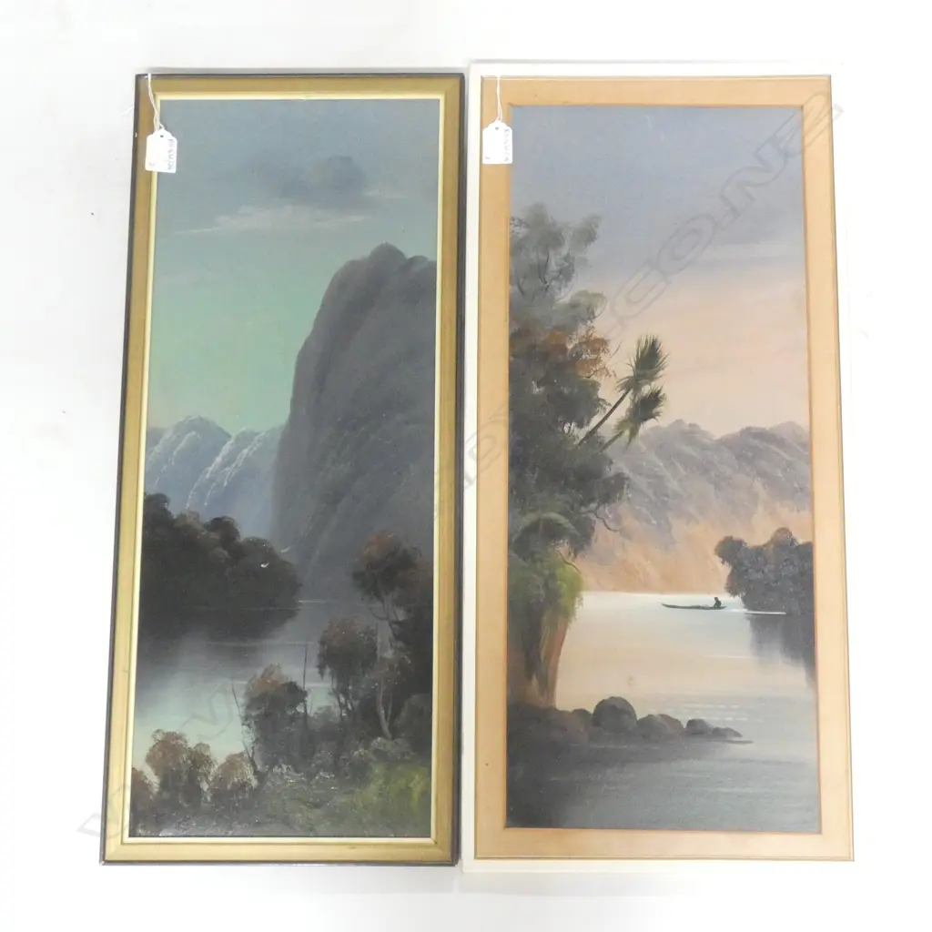 F. MAXWELL (H T GARRATT / DE RITZ) (1875-1953) 2 COLONIAL LANDSCAPE OILS; 'WANGANUI RIVER' & 'MANAPOURI' 580x240mm  Image 1++